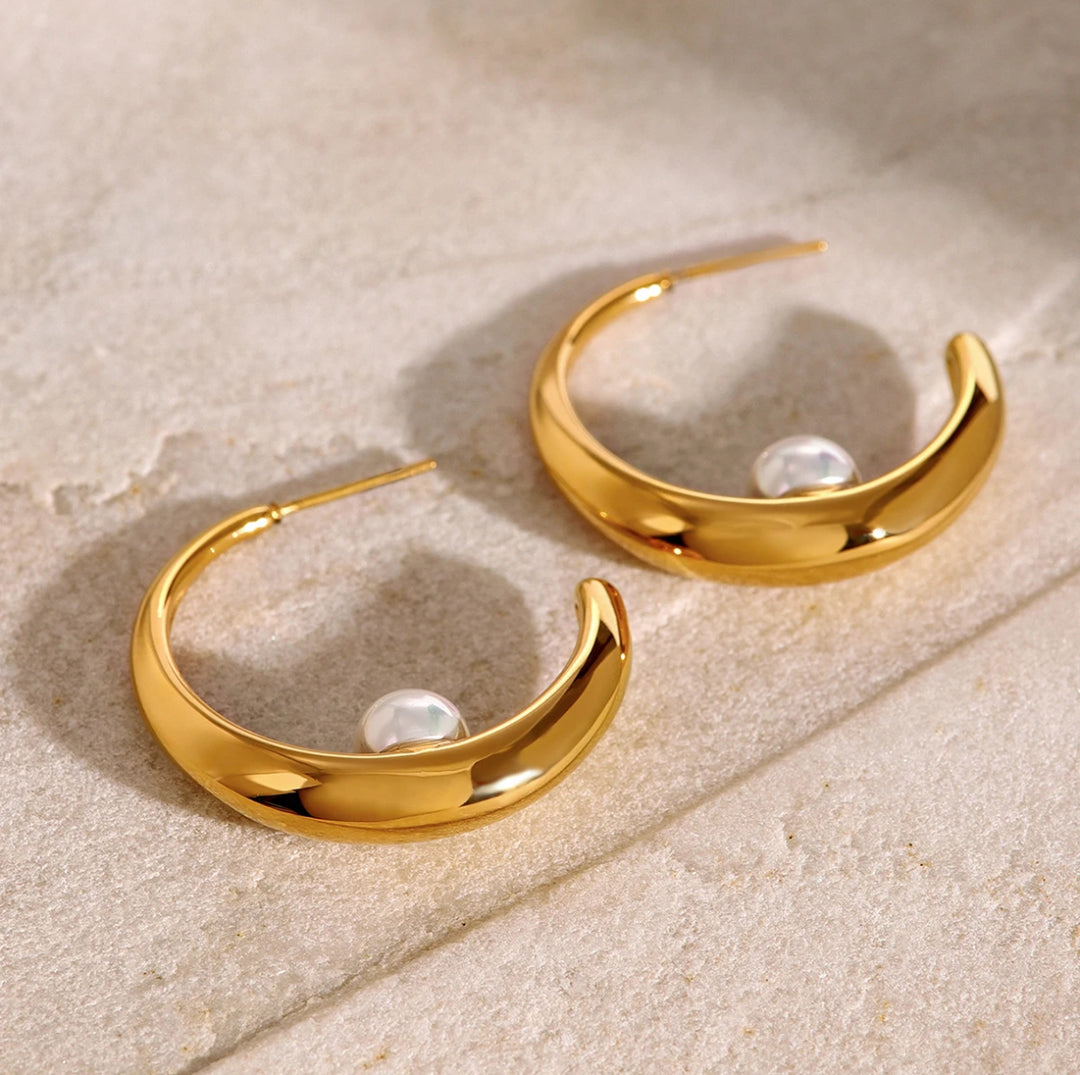 Gold Pearl C-Shape Earrings