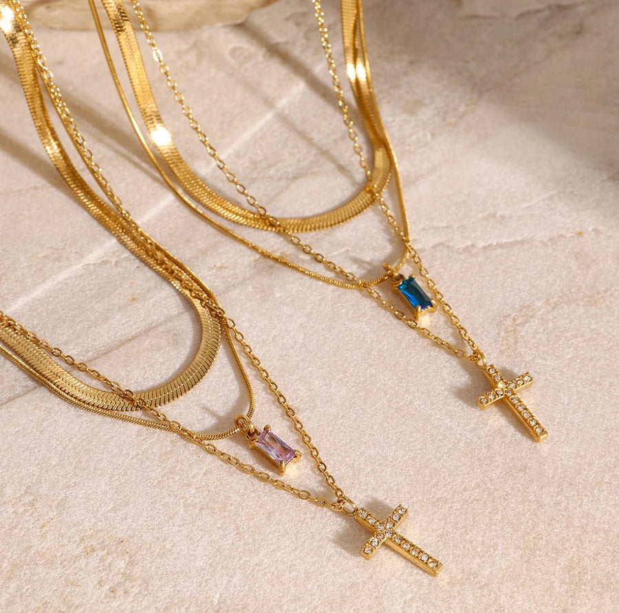 Three-Layer Birthstone and Cross Necklace - Humble Legends Jewelry