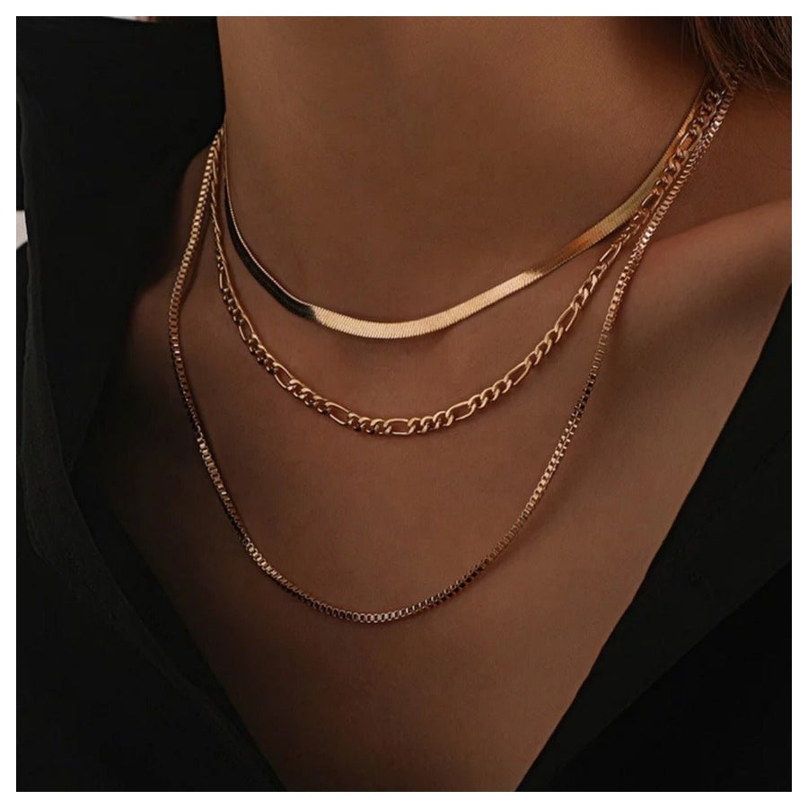 18K Three Gold Multi-Layered Necklaces (Herringbone, Figaro, Box Style) - Humble Legends