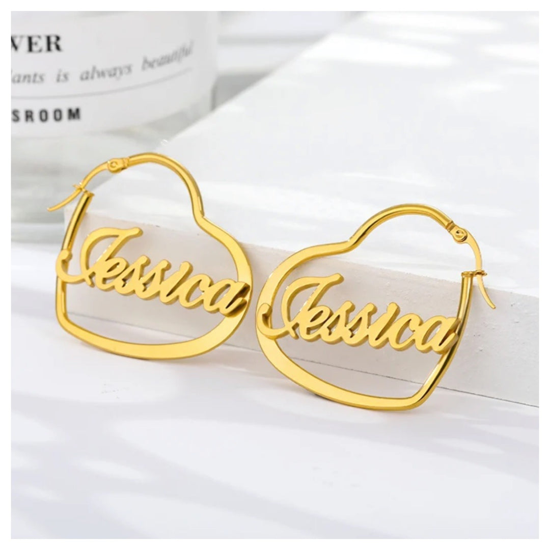 Personalized 18K Name Heart Hoop Earrings - Humble Legends