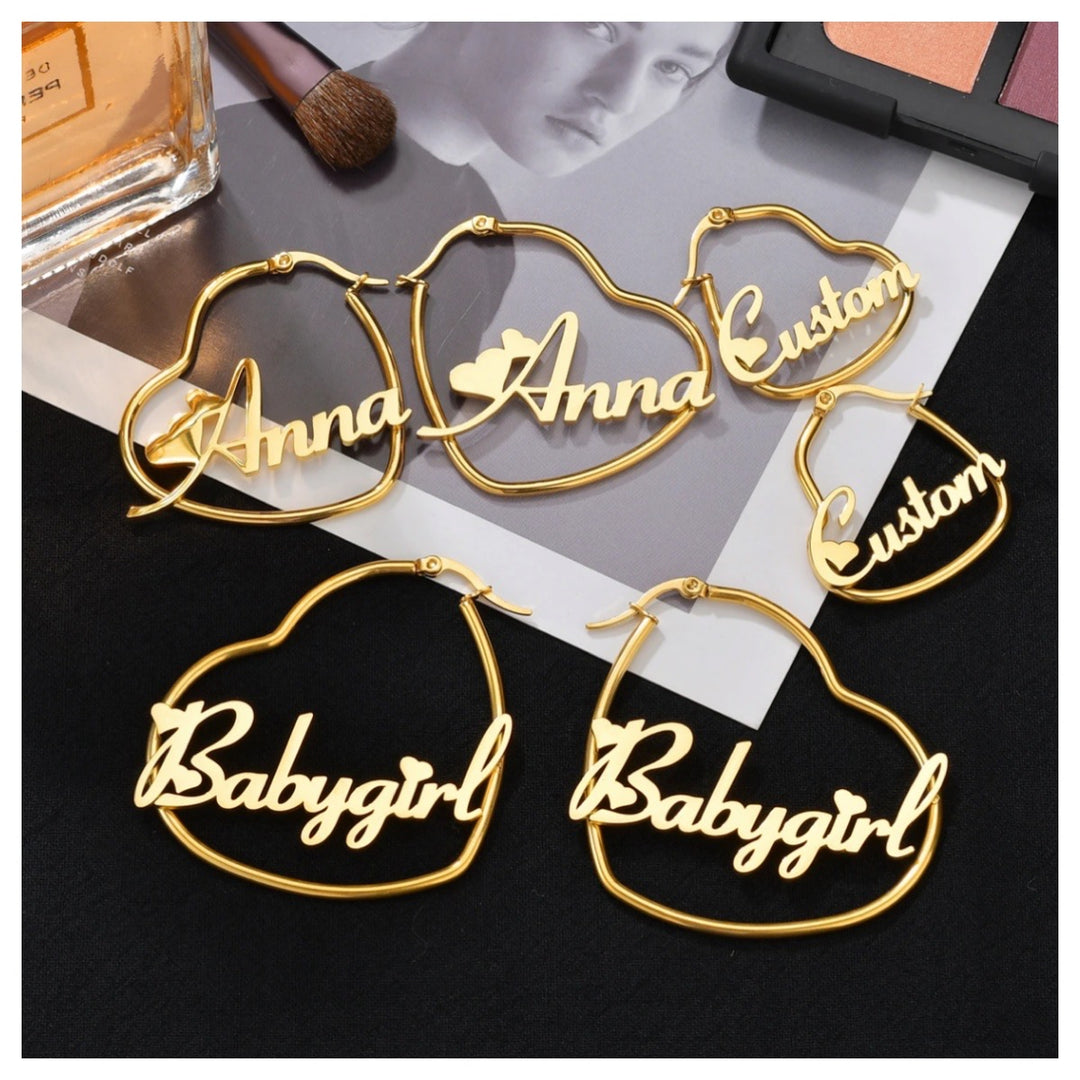 Personalized 18K Name Heart Hoop Earrings - Humble Legends